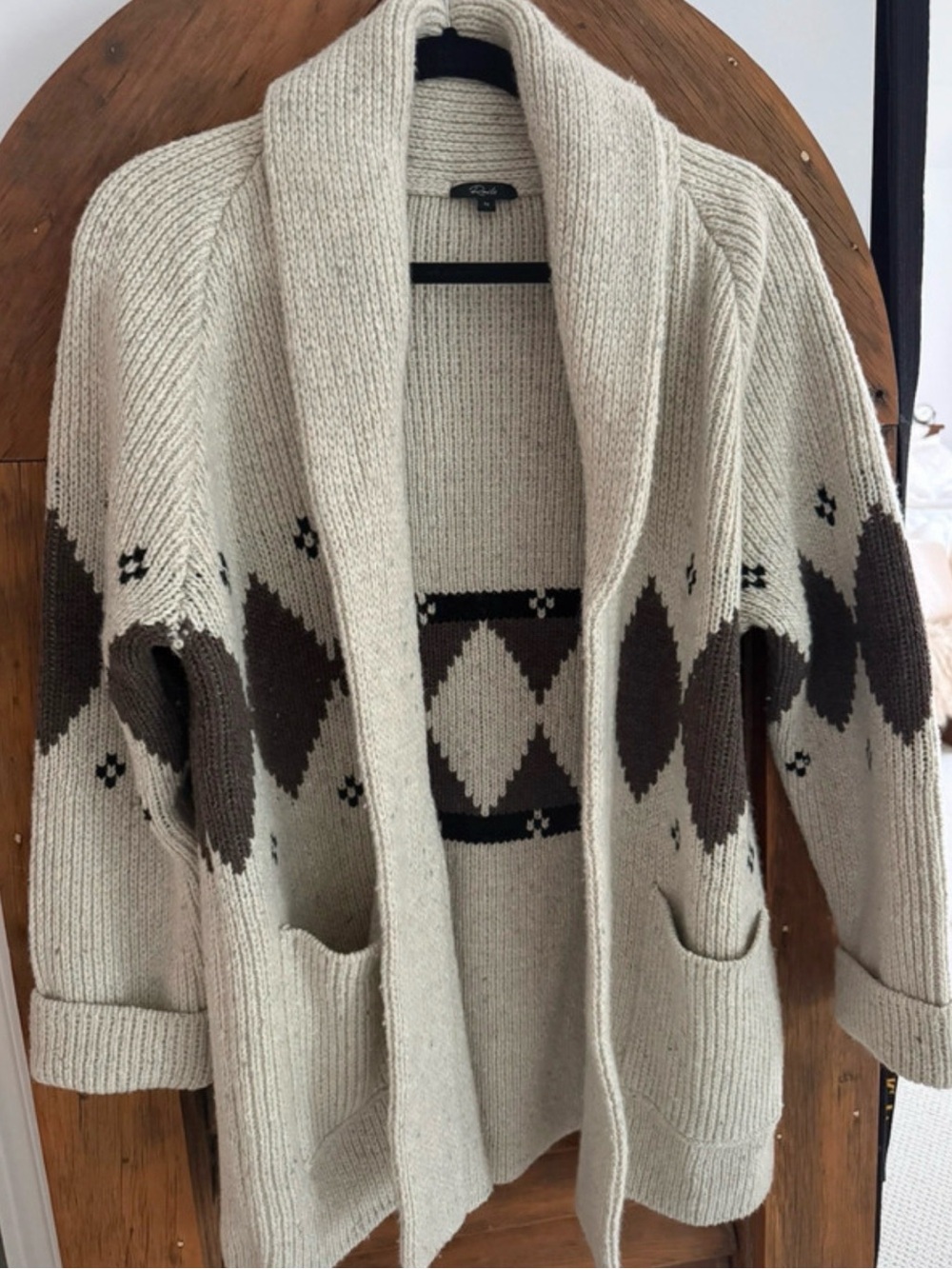 Rails Silas Cream and Brown Open-Front Geometric Knit Cardigan